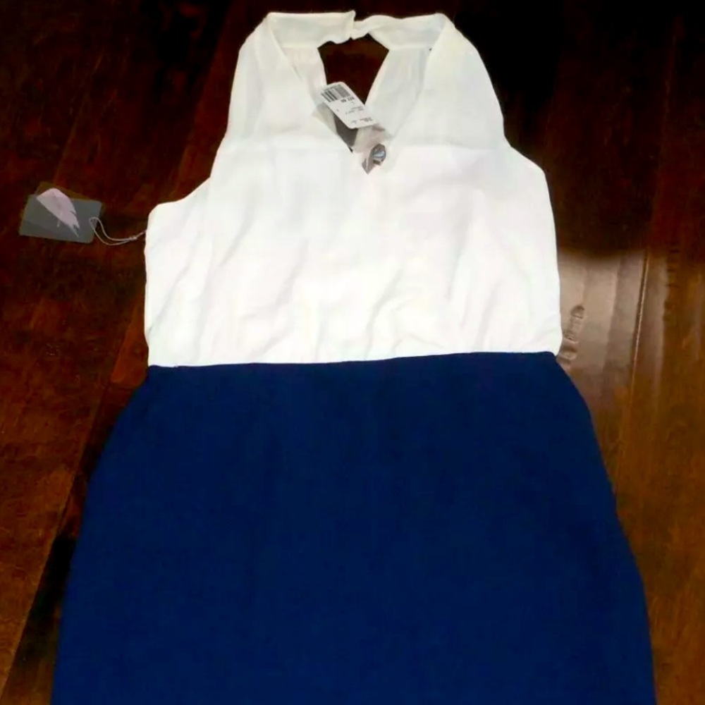 NWT FOREVER 21 CONTEMPORARY Cocktail Formal Dress Short Size L Navy Blue/Ivory